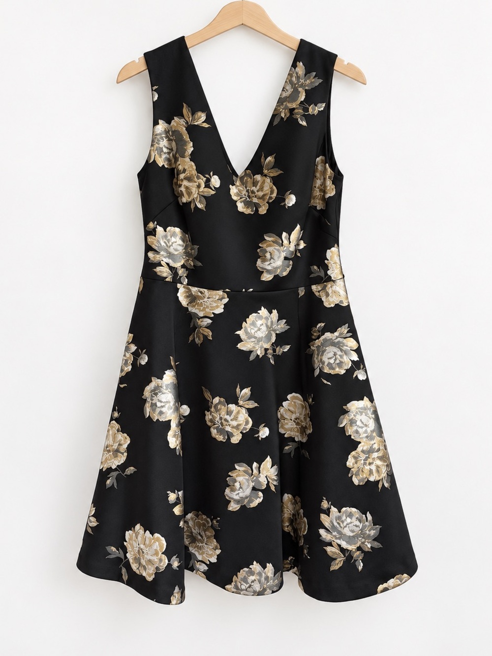 White House Black Market Black Dress with Gold Floral Print